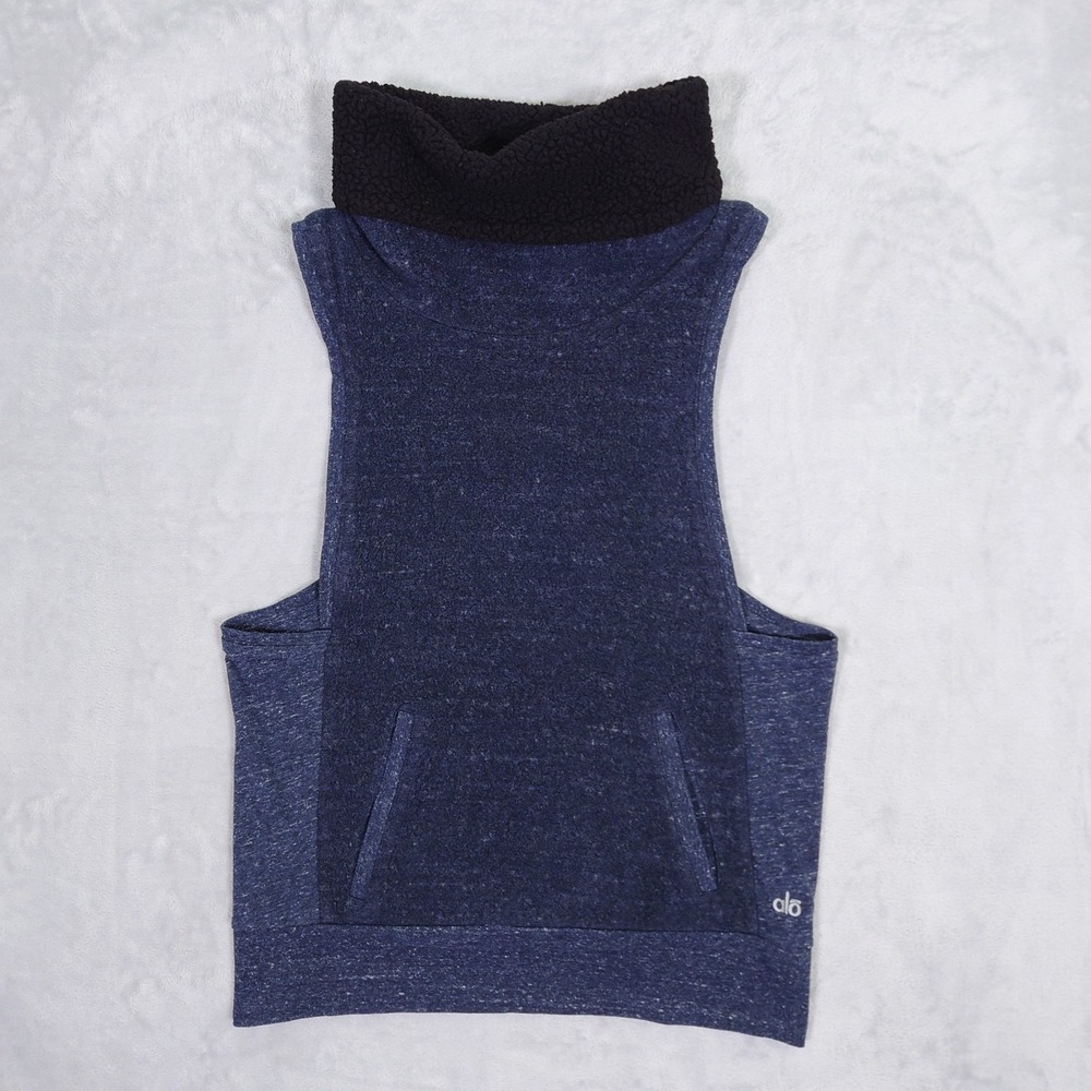 ALO Yoga Winter Frost Vest Womens S Heather Gray Blue Sherpa Lined Cowl Neck